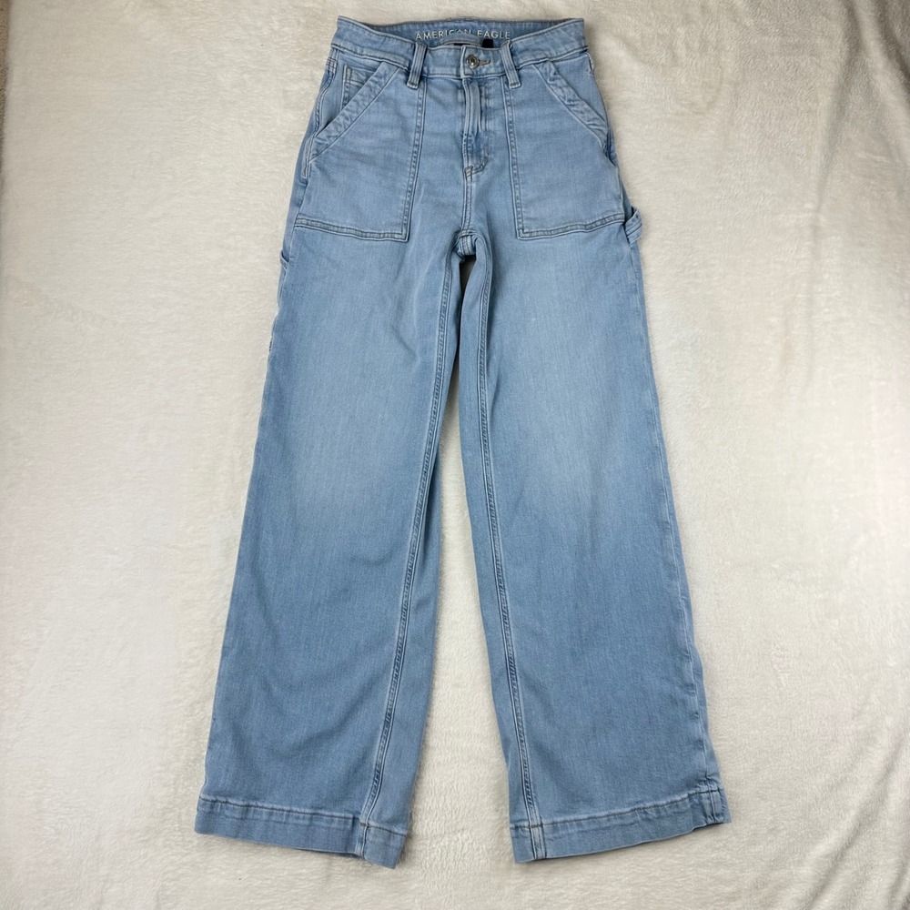 American Eagle Carpenter Jeans Womens Baggy Wide Leg 00 Light Blue Stretch Denim